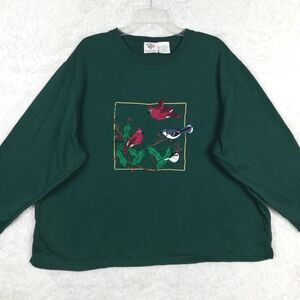 Nut Cracker Womens Sweatshirt Pullover Bird Embroidered Green Crew Neck‎ Plus 2X
